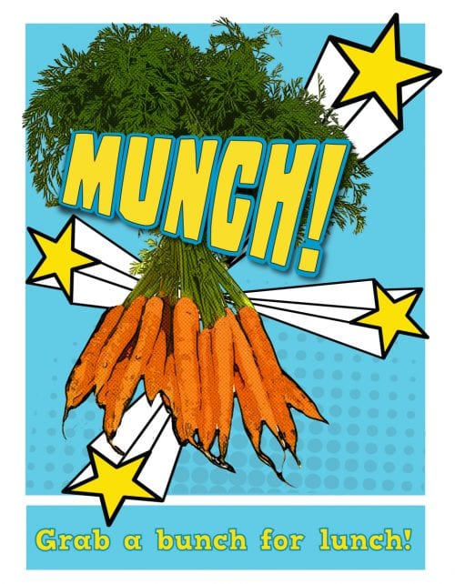 pop art of a bunch or carrots that says "Munch, grab a bunch for lunch."