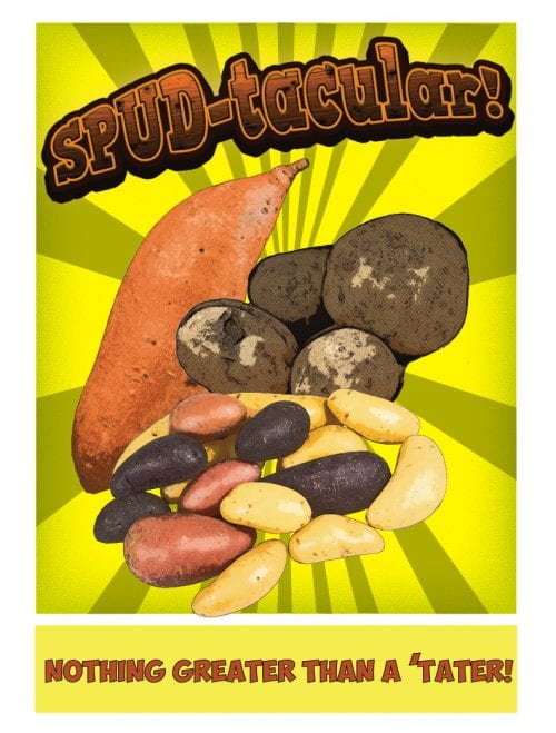 Pop art of potatoes and sweet potatoes that says "SPUD-tacular! nothing greater than a 'tater."