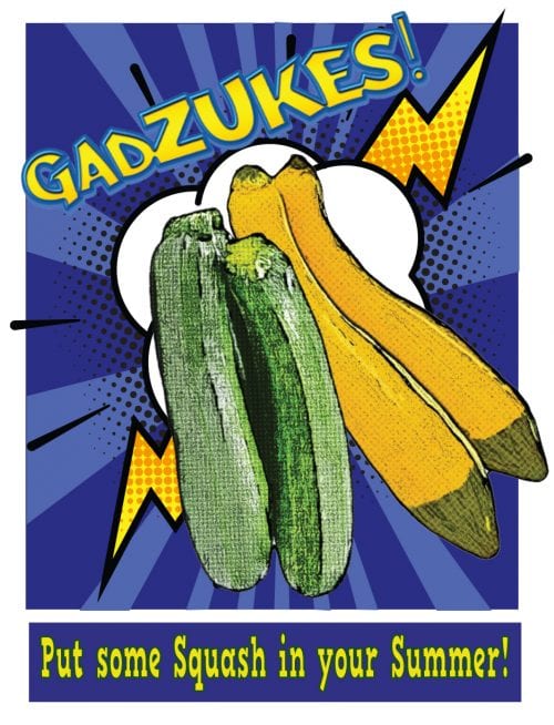 Pop art poster of summer squash that says "gadzukes"