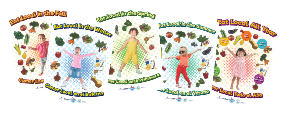 5 posters for early care education that highlight different toddlers and farm food for each of the 4 seasons and for all year.