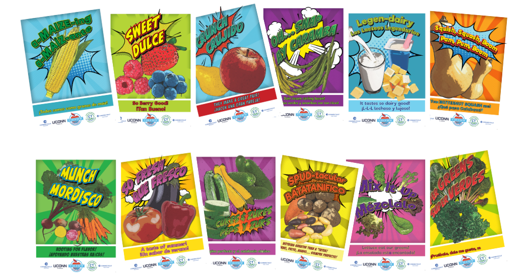 12 posters with multiple color themes of farm products you can buy from local farms and puns associated with the product, in both Spanish and English