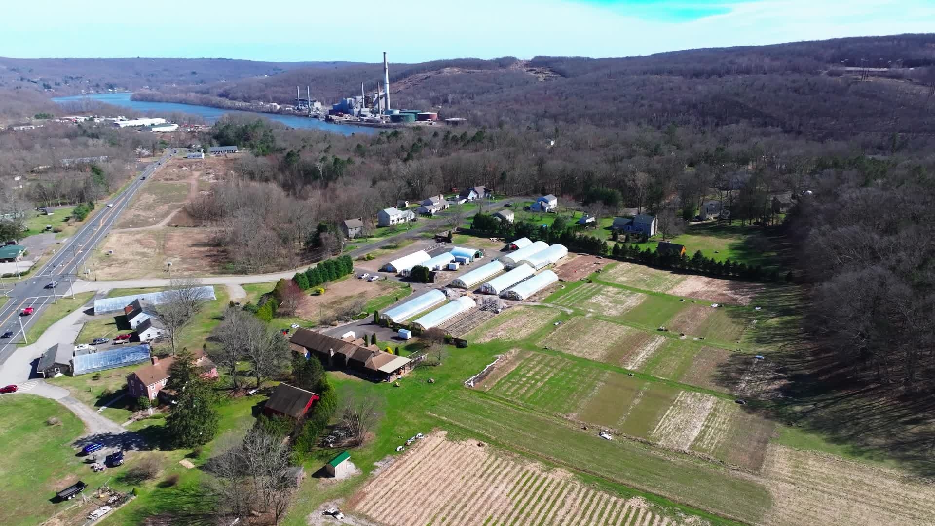 Overhead view of River Ridge vegetable farm's fields and greenhouses
