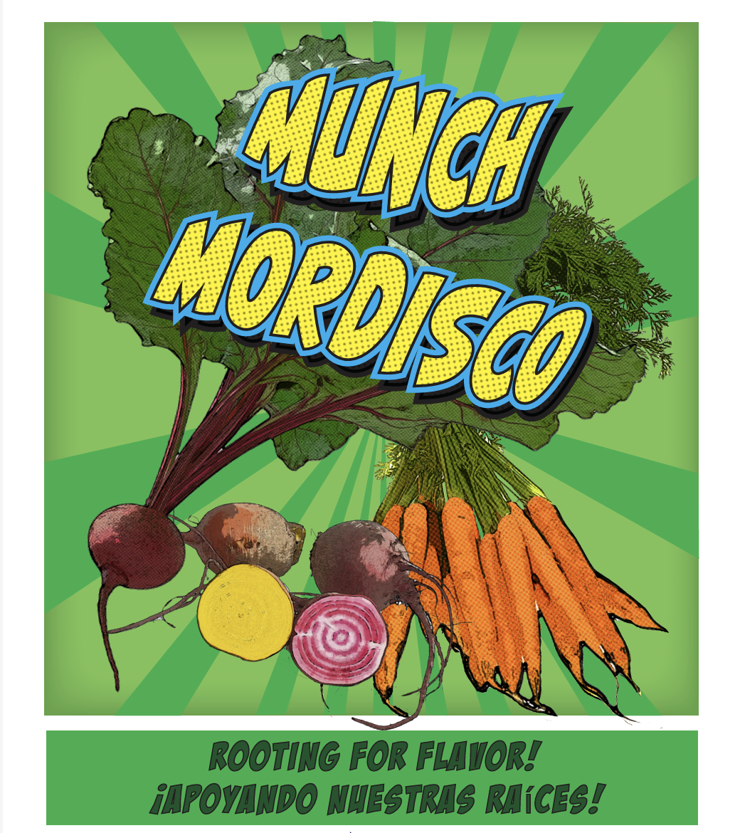 pop art image of carrots and beets that say "Munch- rooting for flavor"