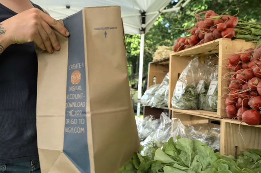 person holding a grocery bag and looking at vegetables on a shelf