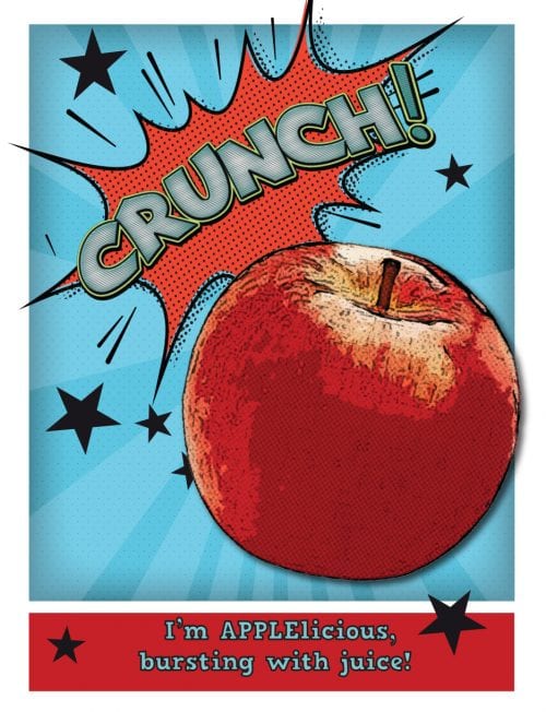 Pop art apple with the words crunch I'm applelicious bursting with juice!