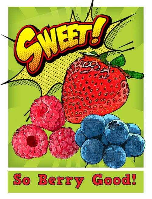 Pop art berries with the words Sweet! So Berry Good!