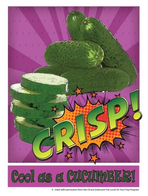 Pop art cucumber with the words crisp, cool as a cucumber!