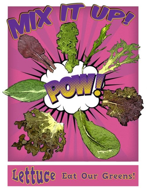 Pop art lettuce varieties with the words mix it up! lettuce eat our greens!