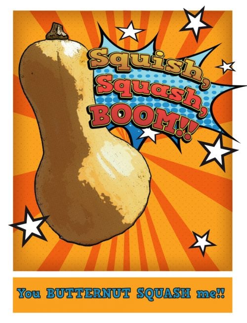 Pop art squash with the words squish, squash, boom!