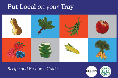 Put Local on Your Tray recipe and resource guide cover with graphics of different vegetables on red, blue, white, and grey