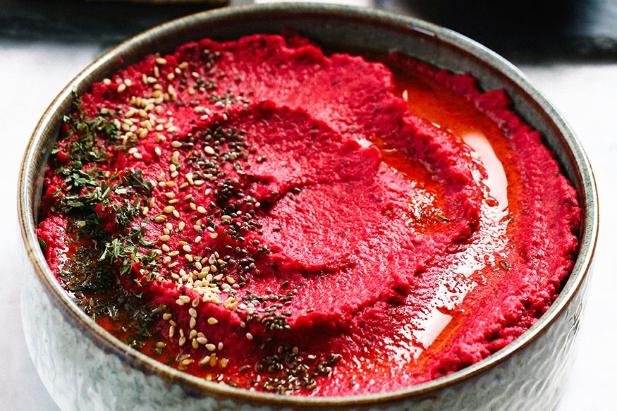 bowl of red beet hummus.