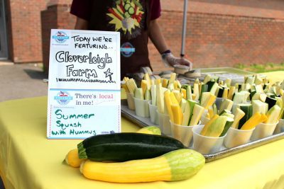 table with squash and small cups of cut squash samples